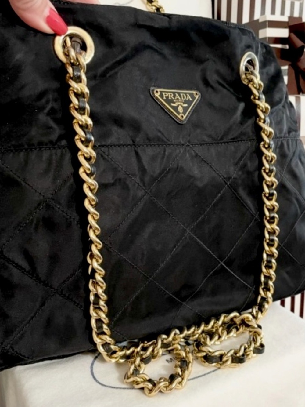 PradaBlack Quilted Nylon Shoulder Bag with Gold Chain Handles!⭐️Open to Offers - Picture 1 of 14